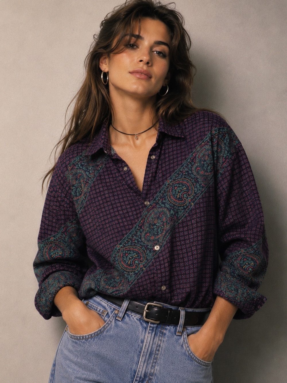 VTG Purple Paisley Patchwork Button-Up Shirt Shoulder Pads Made in USA cotton